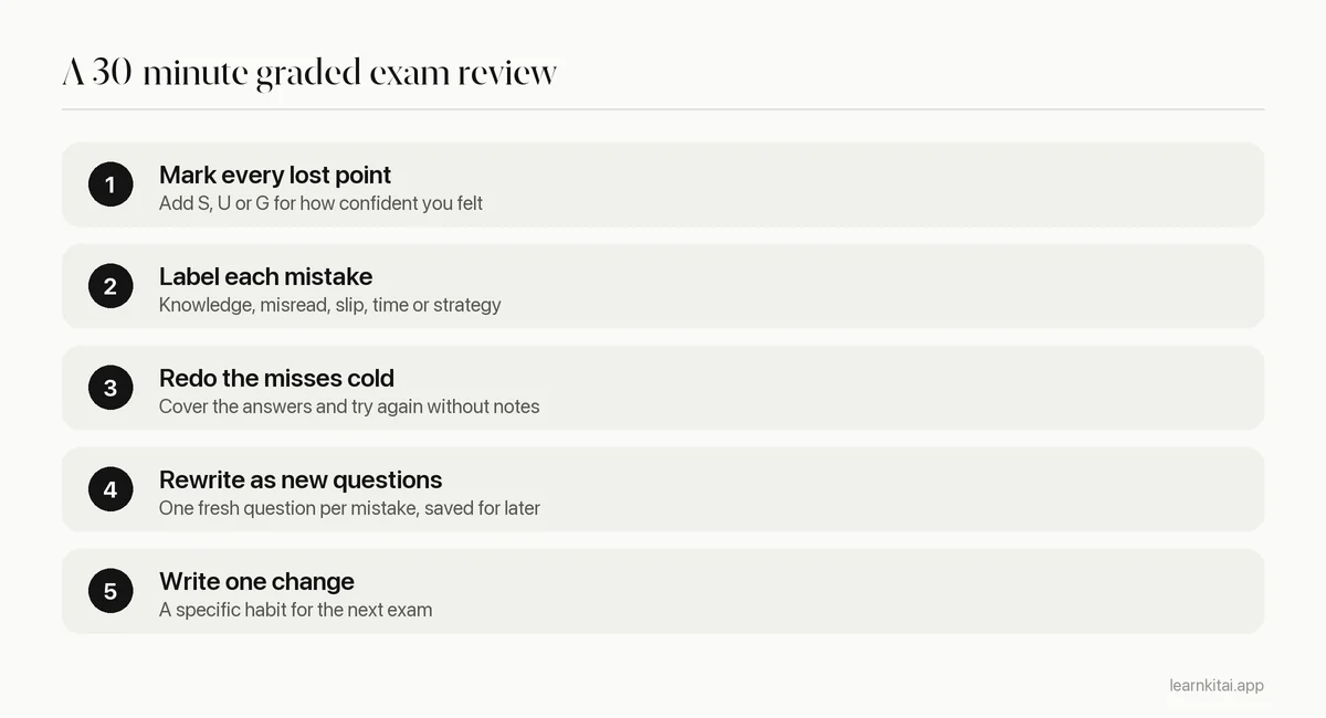 Five steps of a 30-minute graded exam review from marking errors to writing one change