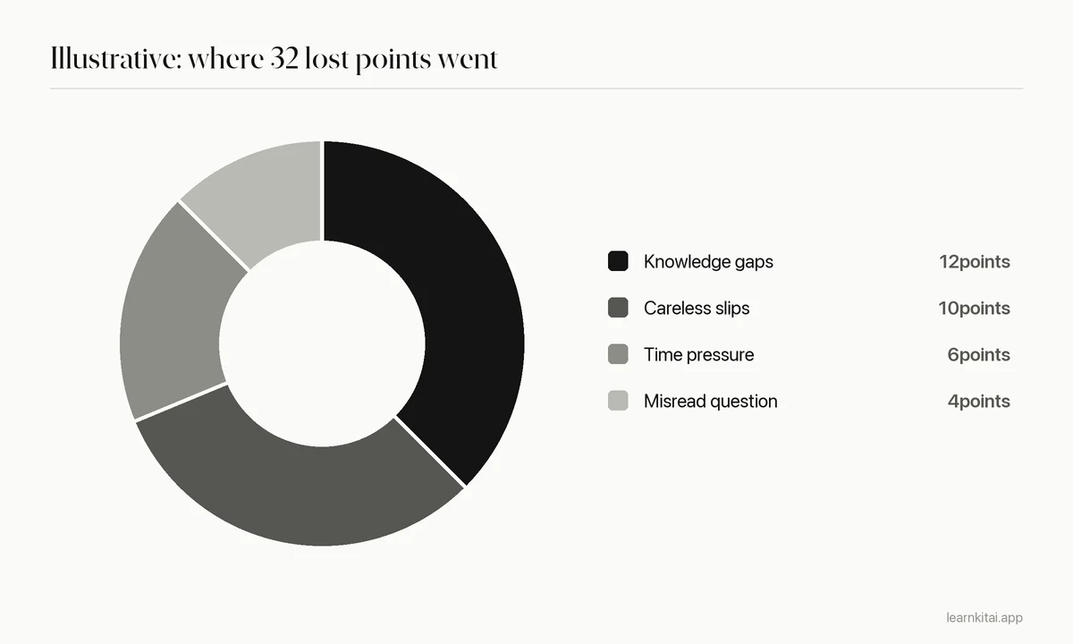 Pie chart showing how 32 lost points split across four mistake types in an example exam