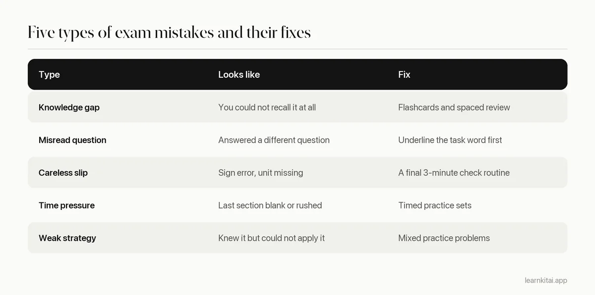 Table of five exam mistake types with an example and the fix for each