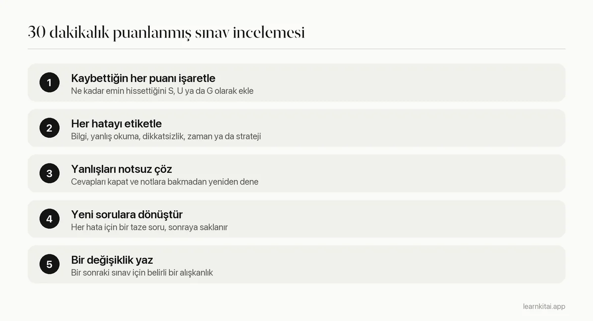 Hataları işaretlemekten tek bir değişiklik yazmaya kadar 30 dakikalık puanlanmış sınav incelemesinin beş adımı