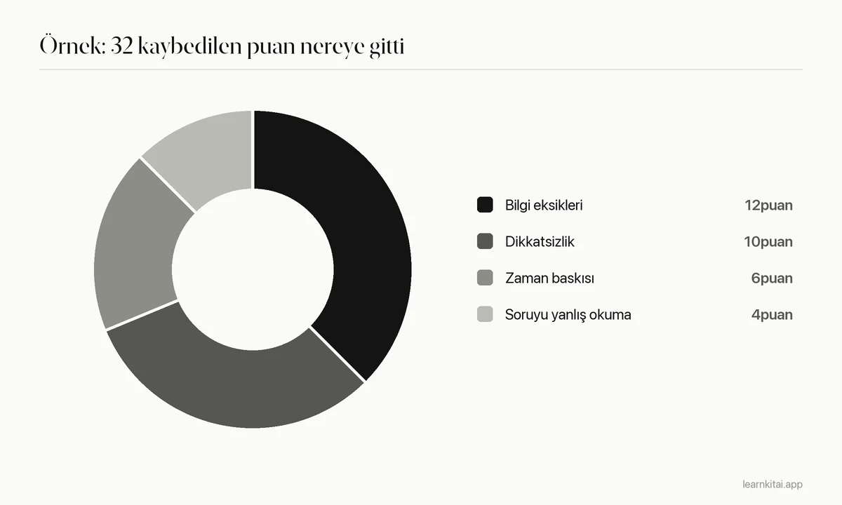 Örnek bir sınavda kaybedilen 32 puanın dört hata türüne bölünüşünü gösteren pasta grafiği