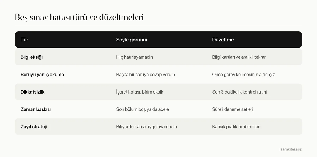 Beş sınav hatası türünü, her biri için bir örnek ve düzeltmeyle gösteren tablo