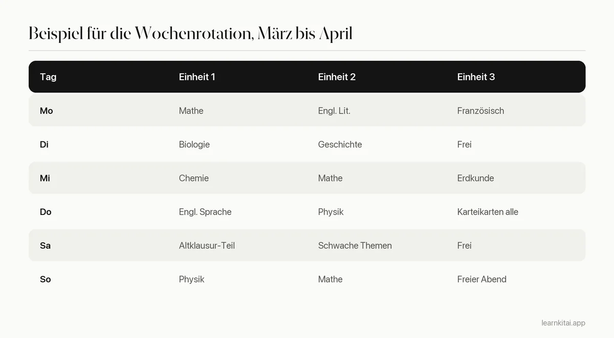 Wochenplan zum GCSE-Lernen, der neun Fächer über die Wochentage und das Wochenende verteilt