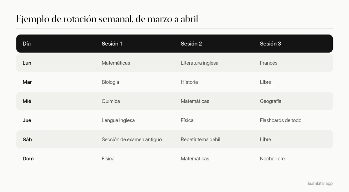Horario semanal de repaso para GCSE que rota nueve asignaturas entre días laborables y el fin de semana