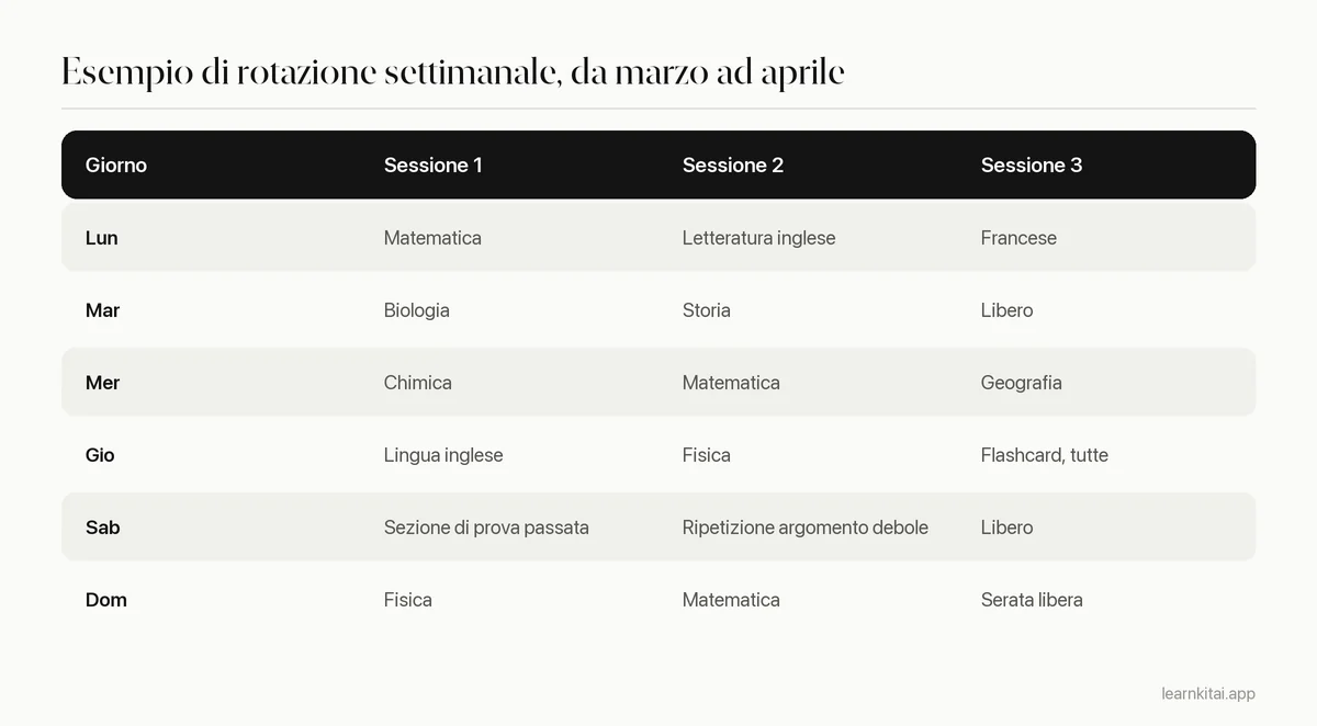 Orario settimanale di ripasso GCSE che alterna nove materie tra i giorni feriali e un weekend
