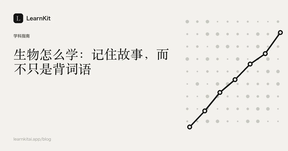 标题《生物怎么学:记住故事,而不只是背词语》,置于宁静的黑白图案之上