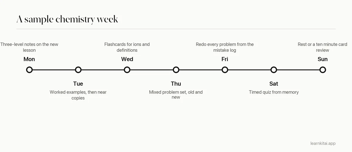 Timeline of a weekly chemistry study routine from Monday to Sunday with one focus per day