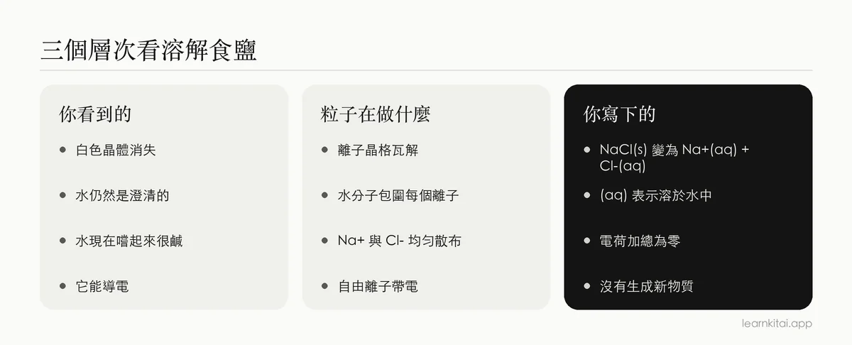 三欄比較:溶解食鹽於水中的巨觀、次微觀與符號層次