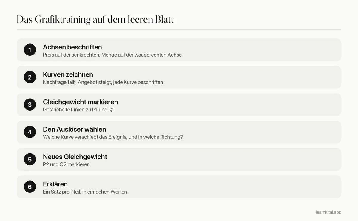 Sechs Schritte, um eine VWL-Grafik aus dem Gedächtnis zu zeichnen, von den Achsen bis zur Erklärung des Ergebnisses