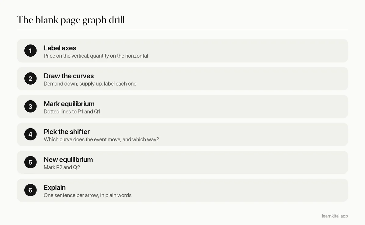 Six steps for drawing an economics graph from memory, from axes to explaining the result