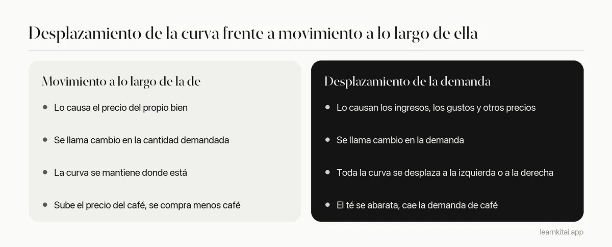 Comparación entre un desplazamiento de la curva de demanda y un movimiento a lo largo de ella, con causas y ejemplos