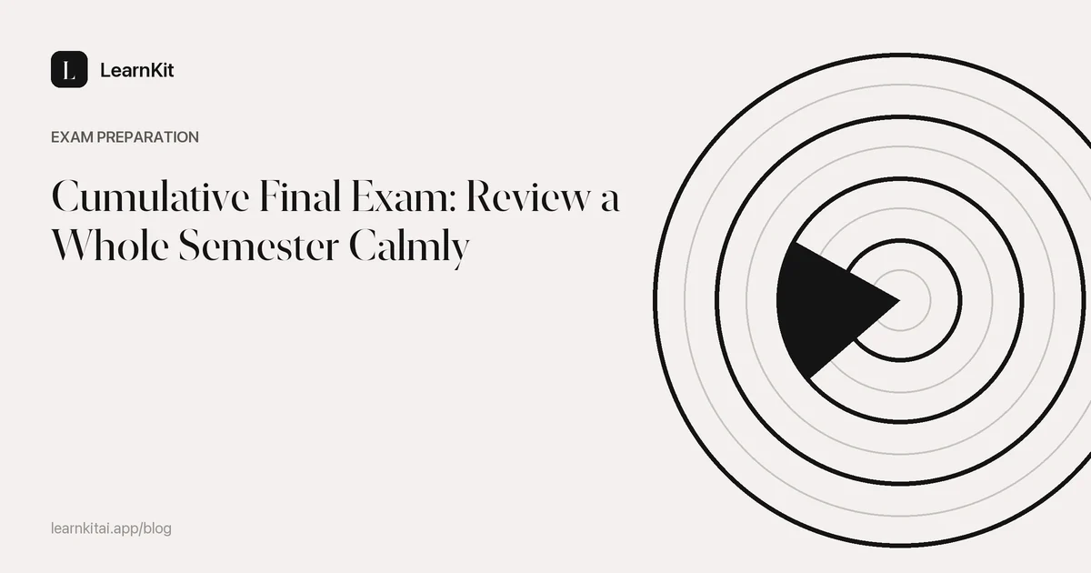 The title Cumulative Final Exam: Review a Whole Semester Calmly over a calm monochrome pattern