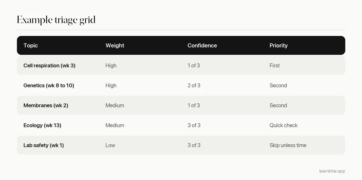 Table sorting course topics by exam weight and confidence to decide study priority