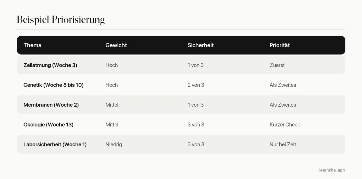 Tabelle, die Kursthemen nach Prüfungsgewicht und Sicherheit sortiert, um die Lernpriorität festzulegen