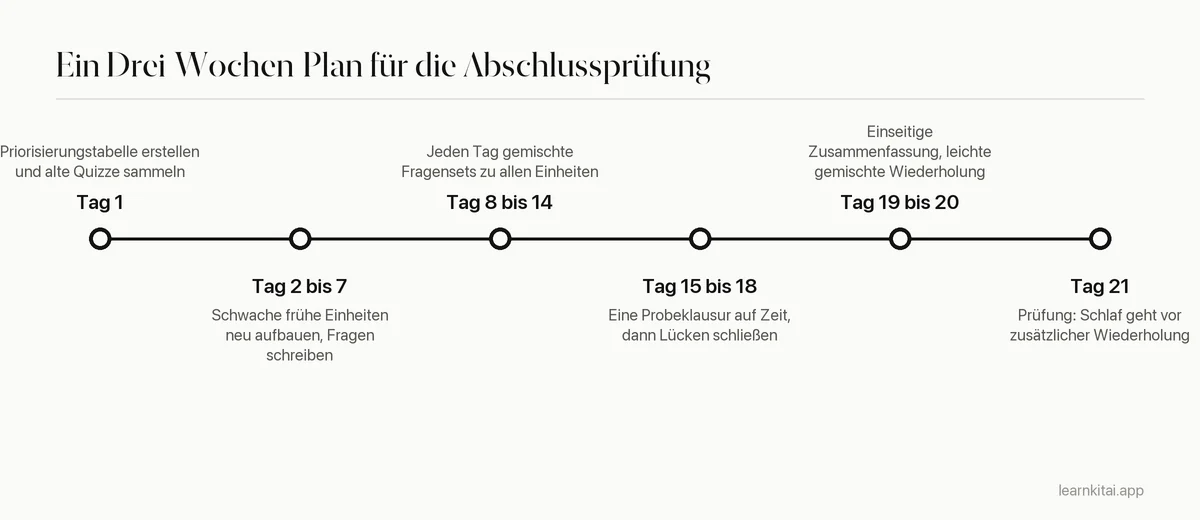Drei-Wochen-Zeitleiste für die Vorbereitung auf eine kumulative Abschlussprüfung, von der Priorisierung bis zur letzten gemischten Übung
