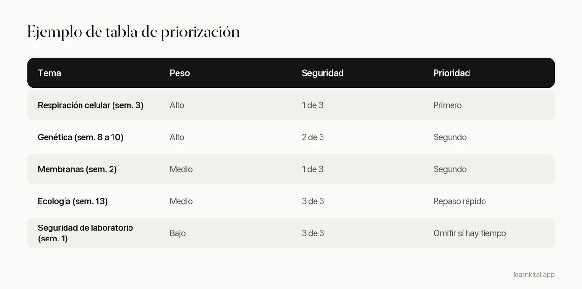 Tabla que ordena los temas del curso por peso en el examen y por seguridad para decidir la prioridad de estudio
