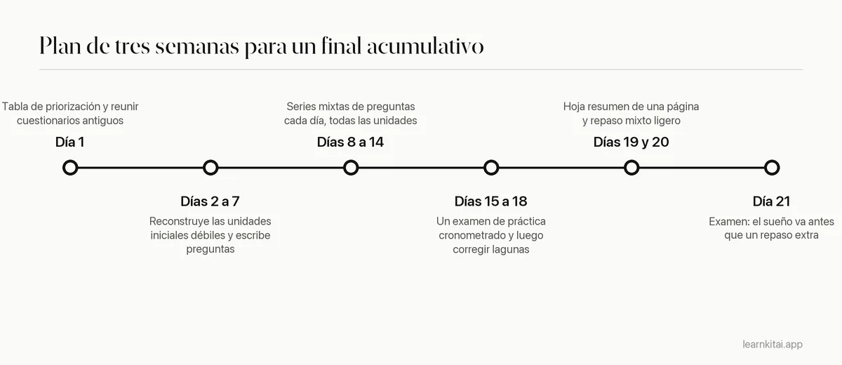 Calendario de tres semanas para estudiar un examen final acumulativo, desde la priorización hasta la práctica mixta final