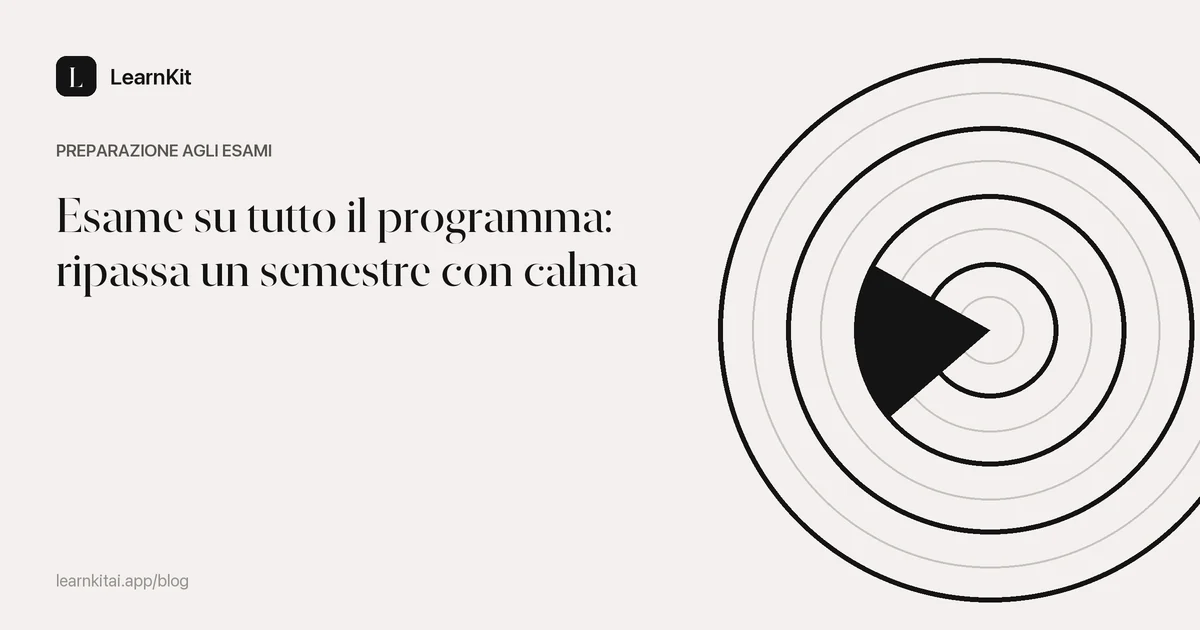 Il titolo Esame su tutto il programma: ripassa un semestre con calma su uno sfondo monocromatico tenue