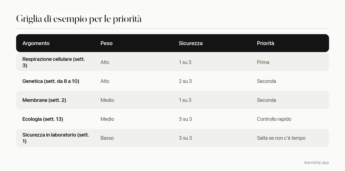 Tabella che ordina gli argomenti del corso per peso all'esame e sicurezza, per decidere la priorità di studio
