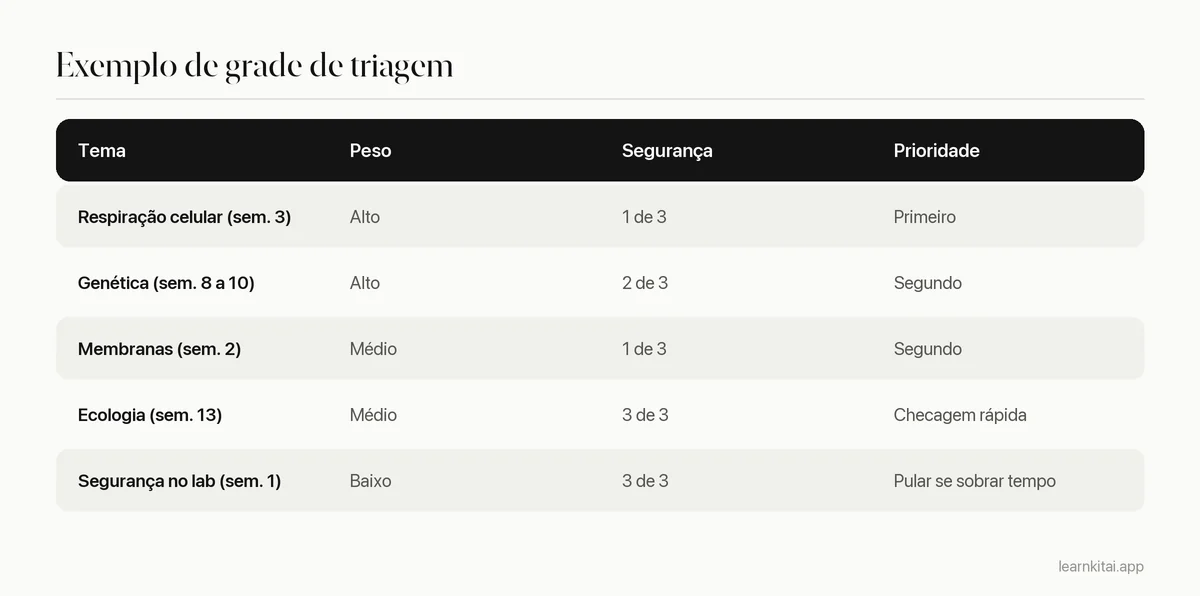 Tabela que ordena os temas do curso por peso na prova e segurança, para decidir a prioridade de estudo