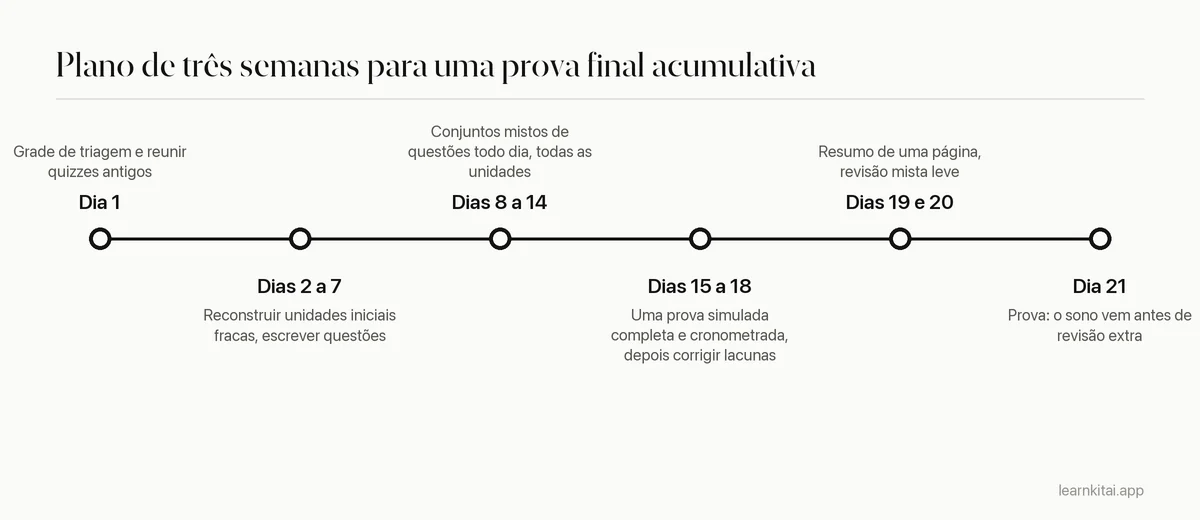 Linha do tempo de três semanas para estudar para uma prova final acumulativa, da triagem à revisão mista final