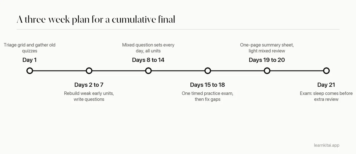 Three-week timeline for studying for a cumulative final exam, from triage to final mixed practice
