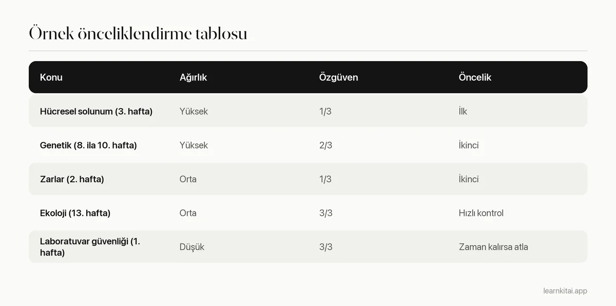 Ders konularını sınav ağırlığına ve özgüvene göre sıralayarak çalışma önceliğini belirleyen tablo