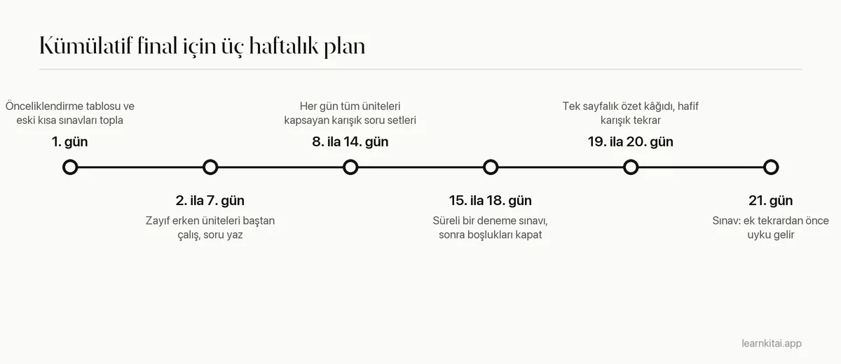 Önceliklendirmeden son karışık pratiğe kadar, kümülatif final için üç haftalık bir zaman çizelgesi