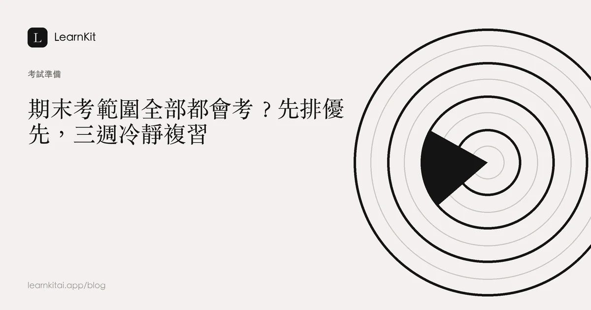 標題為「期末考範圍全部都會考?先排優先,三週冷靜複習」,背景為沉靜的單色圖紋