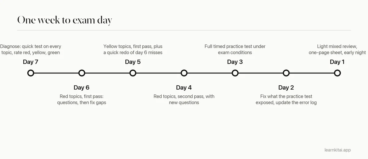 Seven-day exam study timeline from a diagnostic self-test to a light review the day before