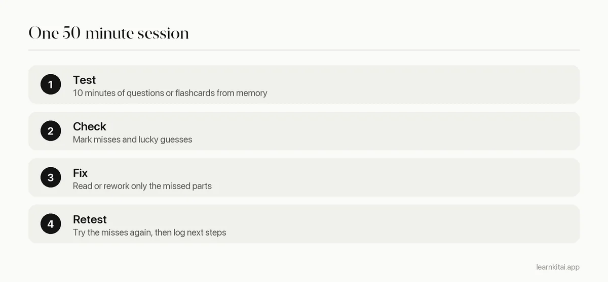 Four steps of a single study session: test, check, fix and retest
