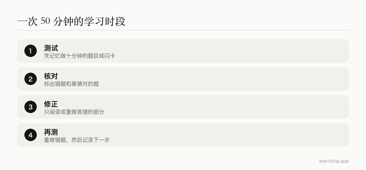 单次学习时段的四个步骤：测试、核对、修正、再测