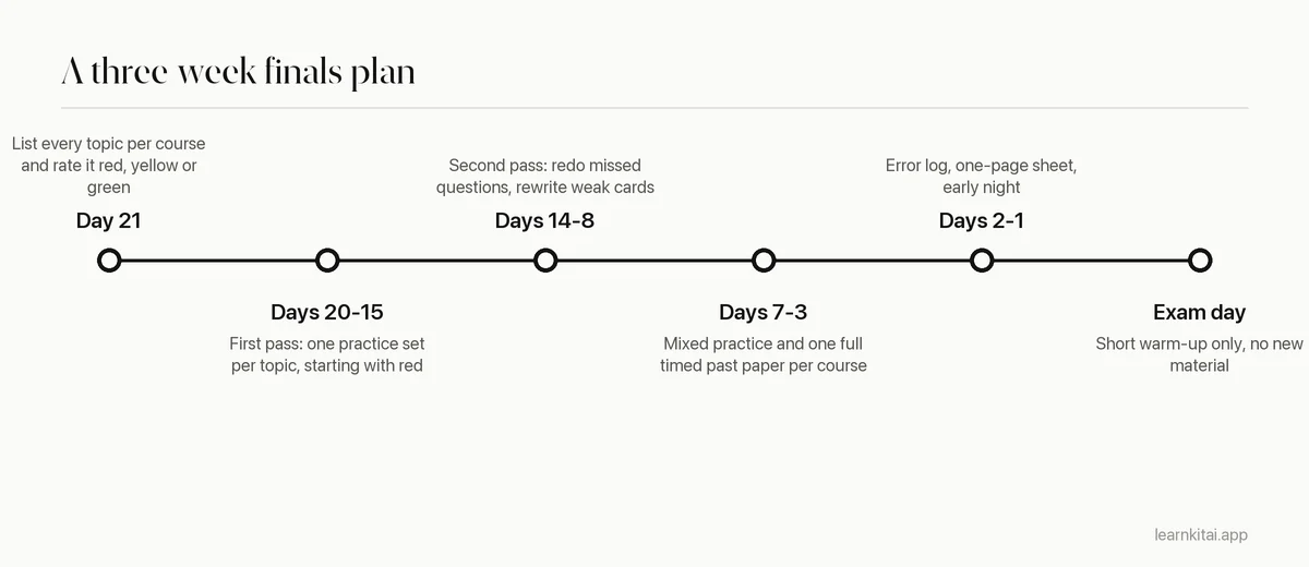 Timeline of a three-week finals study plan from building an inventory to light review the day before