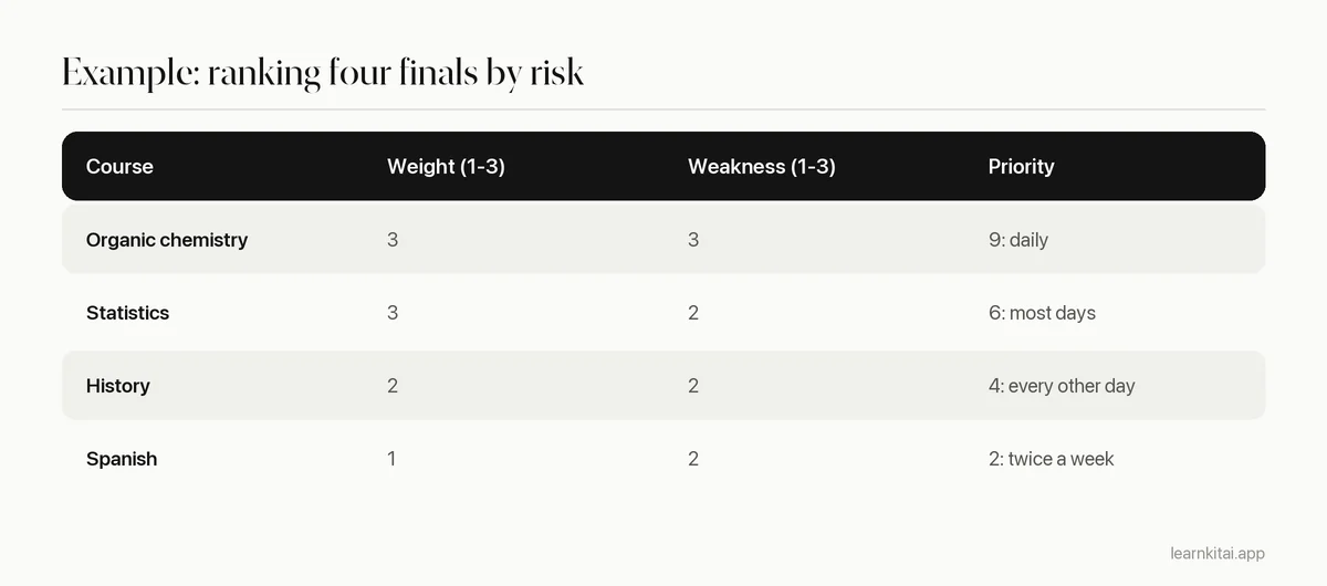 Table ranking four courses by final exam weight and weakness to decide study priority