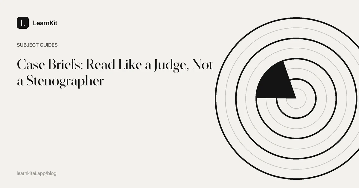 The title Case Briefs: Read Like a Judge, Not a Stenographer over a calm monochrome pattern