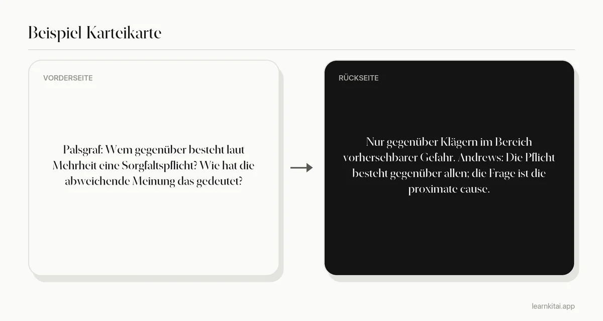 Beispiel-Karteikarte zu Palsgraf: fragt nach der Sorgfaltspflicht laut Mehrheit und nach der alternativen Deutung der abweichenden Meinung