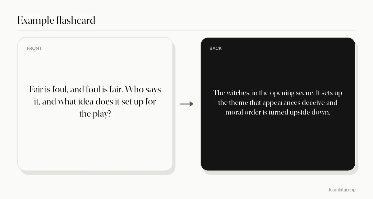 Example literature flashcard asking who says fair is foul and foul is fair and what it suggests about the play