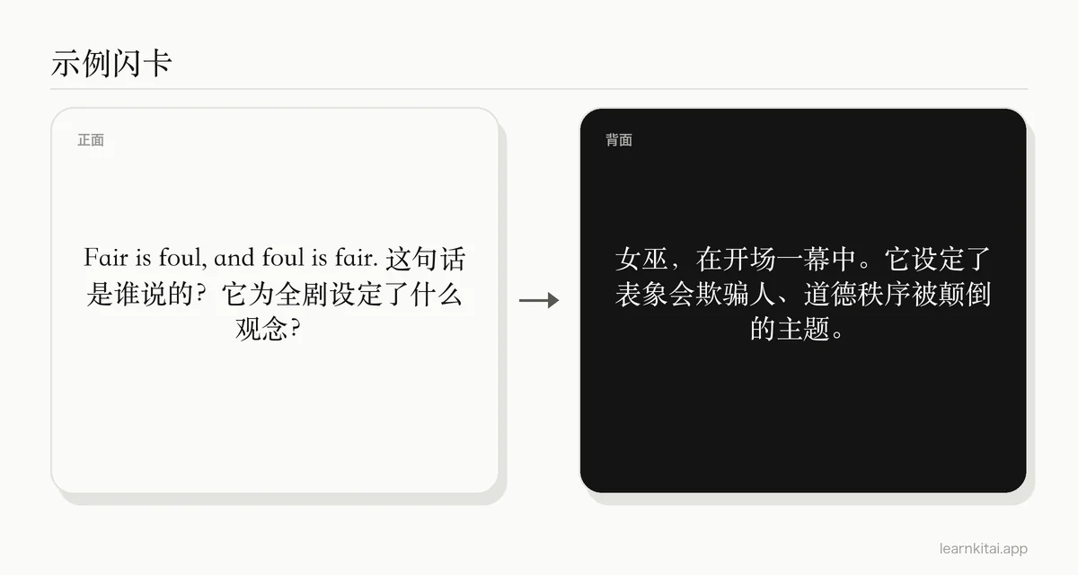 示例文学闪卡:询问谁说了“fair is foul”,以及它对这部剧暗示了什么