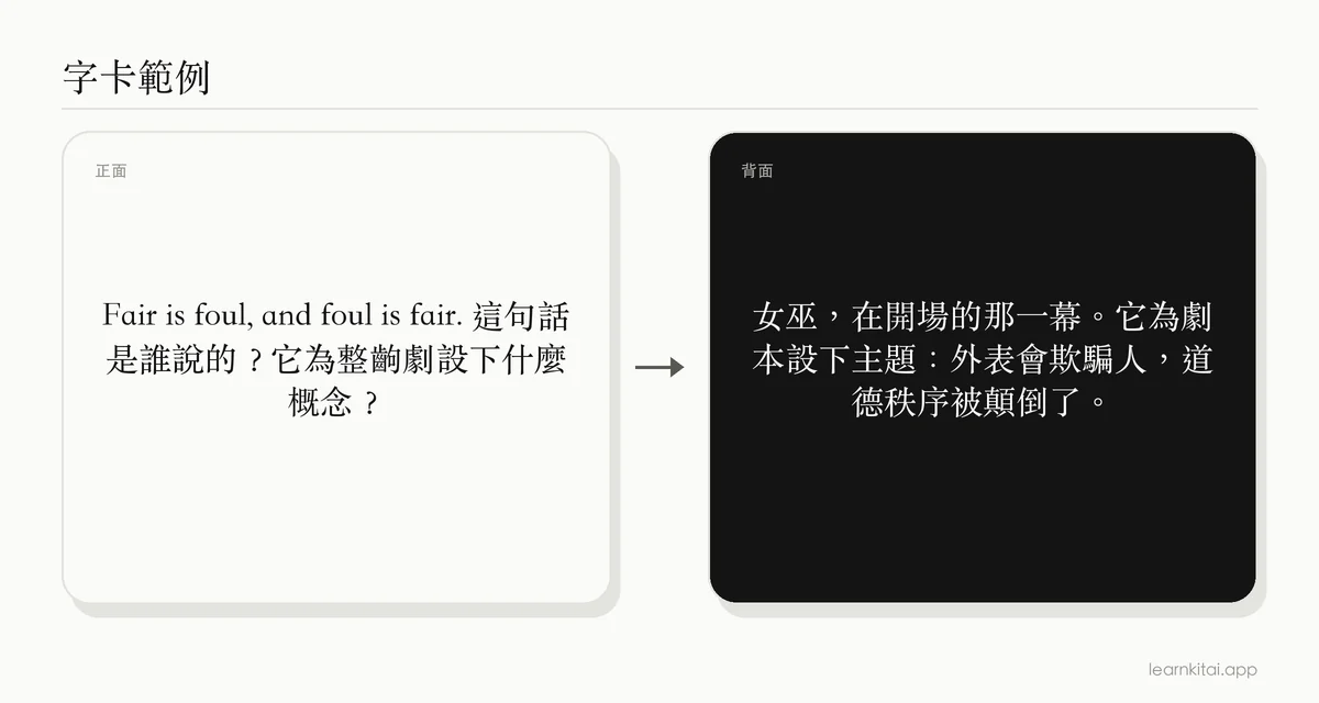 文學字卡範例:問「Fair is foul」是誰說的,以及它為劇本設下什麼樣的意涵