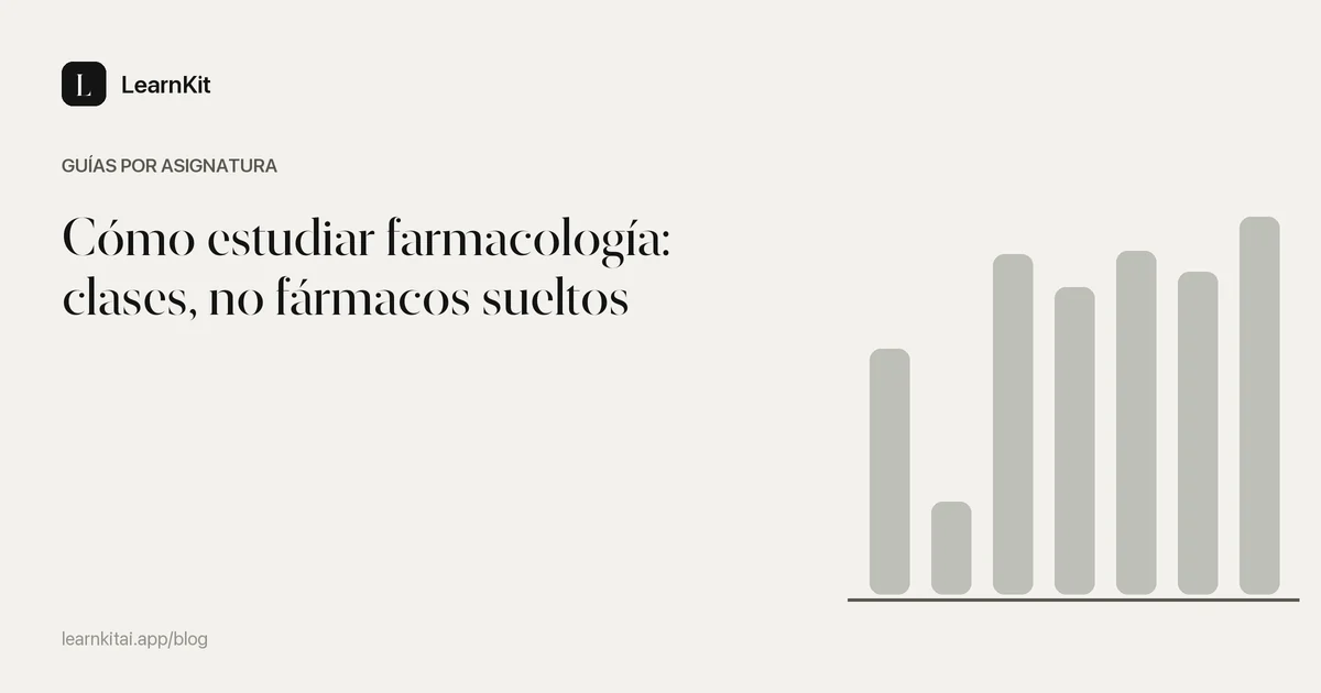 El título Cómo estudiar farmacología: clases, no fármacos sueltos sobre un patrón monocromo y sereno