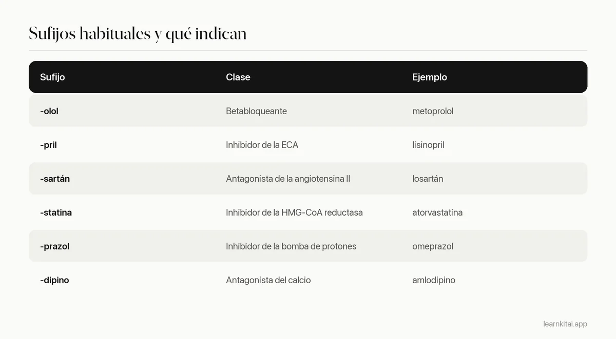 Tabla con seis sufijos habituales de nombres de fármacos, la clase que indica cada uno y un fármaco de ejemplo