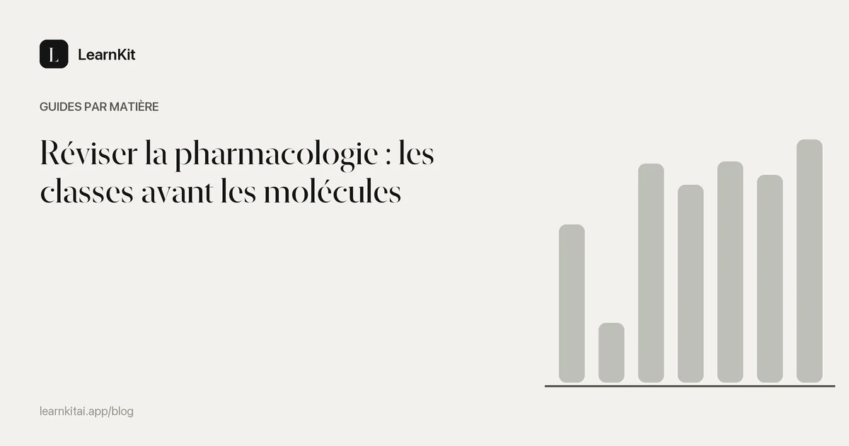 Le titre Réviser la pharmacologie : les classes avant les molécules sur un motif monochrome épuré