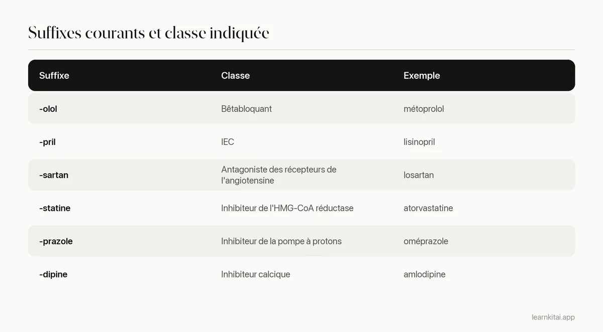 Tableau de six suffixes courants de noms de médicaments avec la classe indiquée et un exemple