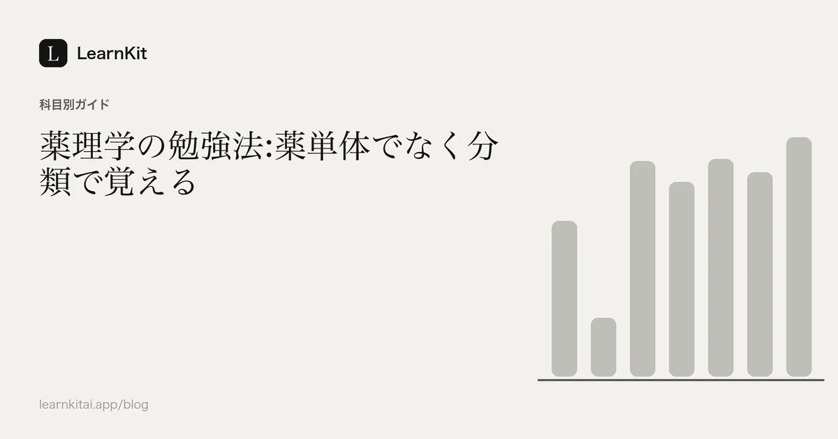 落ち着いたモノクロの模様の上に、タイトル「薬理学の勉強法:薬単体でなく分類で覚える」を配置したカバー画像