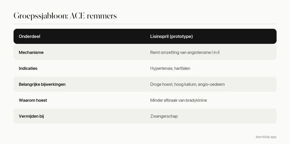 Tabel met een sjabloon voor een geneesmiddelengroep, ingevuld voor ACE-remmers met lisinopril als prototype