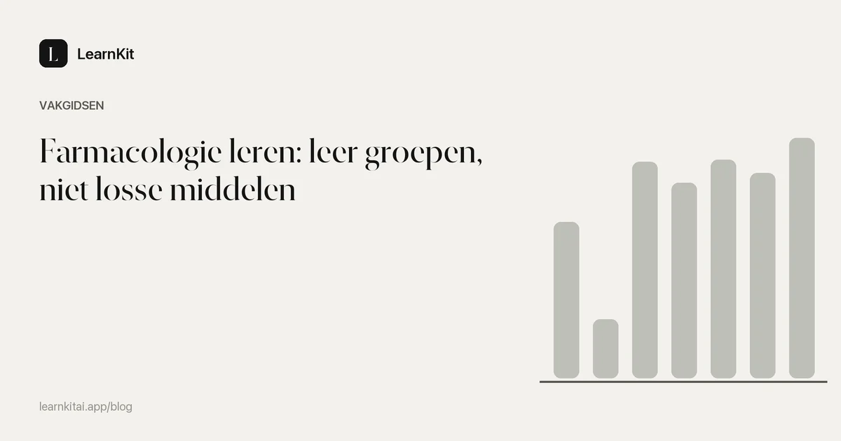 De titel Farmacologie leren: leer groepen, niet losse middelen op een rustig monochroom patroon