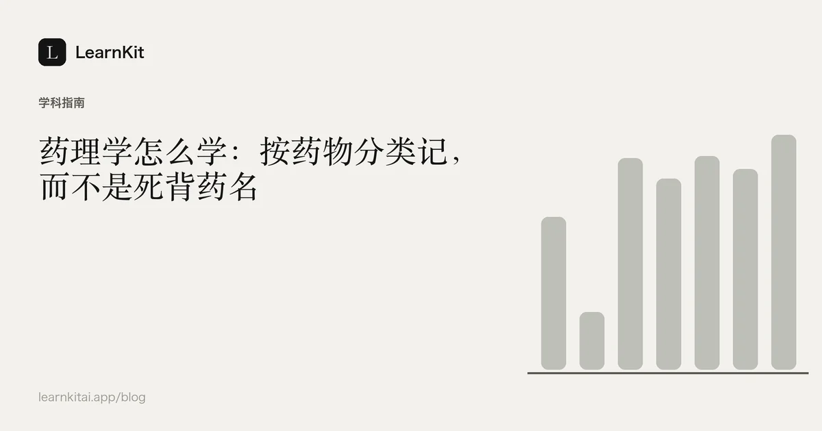 标题《药理学怎么学:按药物分类记,而不是死背药名》,置于宁静的黑白图案之上