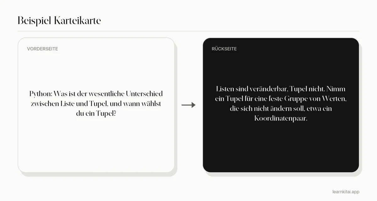 Beispiel einer Programmier-Karteikarte, die nach dem Unterschied zwischen Liste und Tupel in Python fragt und wann man welches nutzt