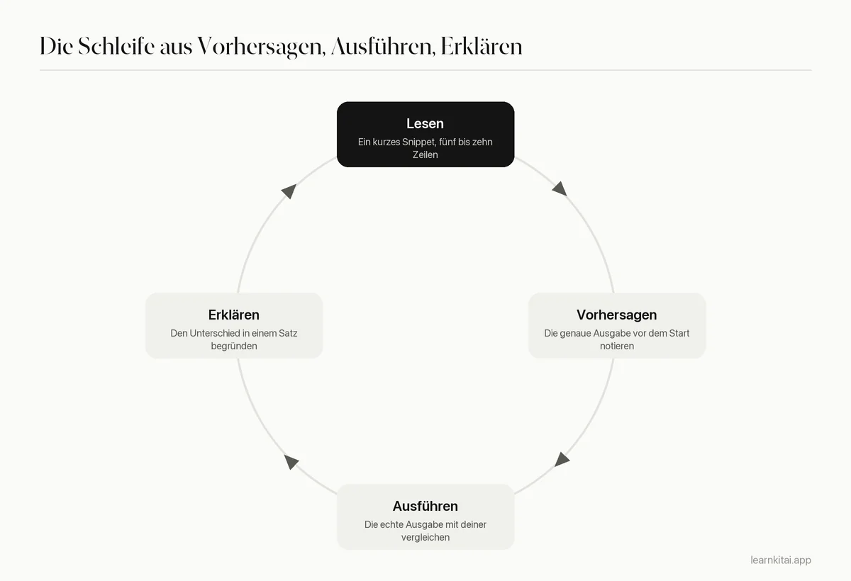 Vierschrittige Schleife zum Lernen von Code: lesen, vorhersagen, ausführen, den Unterschied erklären