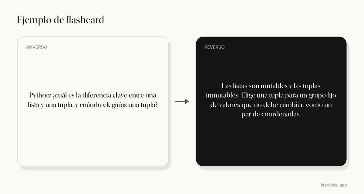 Ejemplo de flashcard de programación que pregunta la diferencia entre una lista y una tupla de Python y cuándo usar cada una